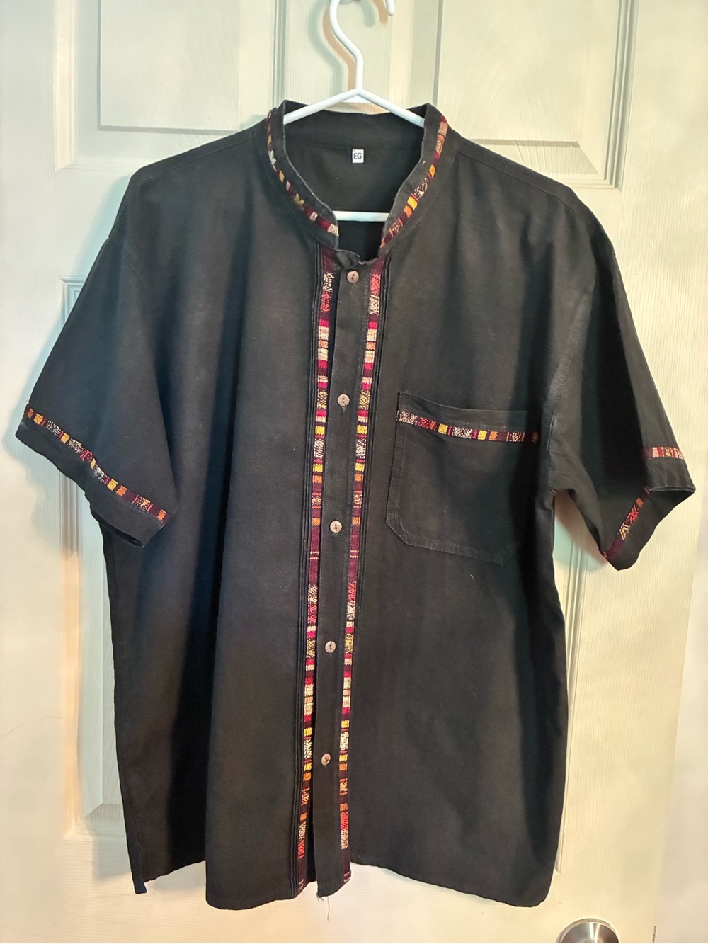 Black Short-Sleeve Men's Shirt with Multicolor Trim